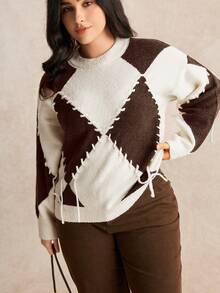 EMERY ROSE Plus Size Rhombus Color Block Lace-Up Design Crew Neck Long Sleeve Sweater, Comfortable Casual Commuter - Apricot - View 1
