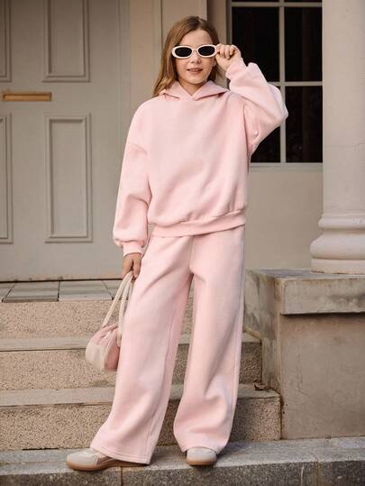 SHEIN 少女粉色连帽衫套装，长袖连帽衫和宽松休闲运动裤套装，秋冬