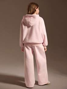 SHEIN 少女粉色连帽衫套装，长袖连帽衫和宽松休闲运动裤套装，秋冬 - 粉色 - 查看 2