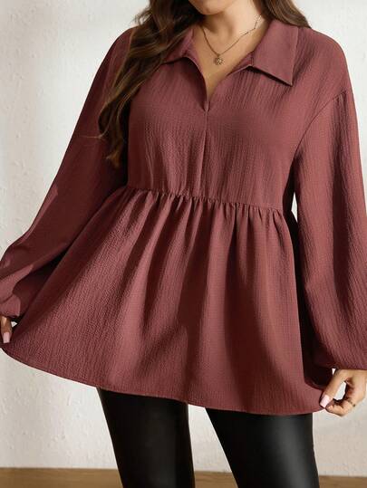 Comfylo 大码深红色V领褶皱宽松长袖女式衬衫，休闲百搭，适合海滩度假、冬季舒适穿着、秋季穿着，也适合圣诞节、新年、感恩节派对等场合。