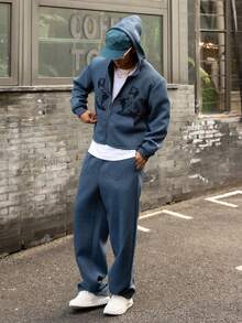 DAZY Gothic Letter Print Zip-Up Hoodie Set, Navy Blue For Men, Autumn - Navy Blue - View 5