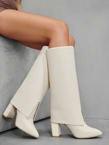 CUCCOO SZL 女士时尚阔腿简约尖头粗跟过膝靴，适合通勤、约会、聚会、派对等各种场合 - 杏色 - 查看 4