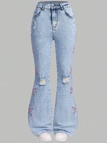 جينز بناتي مراهقات موضة خريف/شتاء 2025 مغسول بلون أزرق فاتح ممزق مع تطريز فراشة، جيوب حقيقية، ساق واسعة متنوعة، خصر عالي، مرن، نحيف، مناسب للارتداء اليومي، المدرسة، التنقل، الحفلات، المنزل، موسم العودة إلى المدرسة، المهرجانات الخريفية