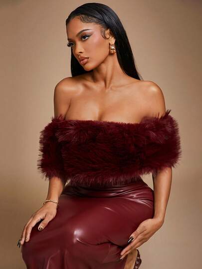 Radiana Women's Sexy & Elegant Burgundy Off Shoulder Exposed Shoulder Faux Fur Collar Patchwork Bodycon Dress. Stretchy PU Material Hugs The Body And Accentuates The Curves. Suitable For Parties, Dates, Parties, Clubs, Nightclubs, Nighttime Outings, Christmas, New Year's Eve, Holidays Wine Red Top Red Leather Top Burgundy Top,Wedding Guest Dress Women