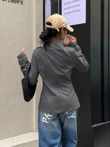 Muchica 女士纯色双排扣风衣，时尚通勤，秋季 - 灰色 - 查看 2