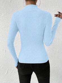 Rafferiza 女式纯色立领长袖休闲毛衣，秋冬 - 藍色 - 查看 3
