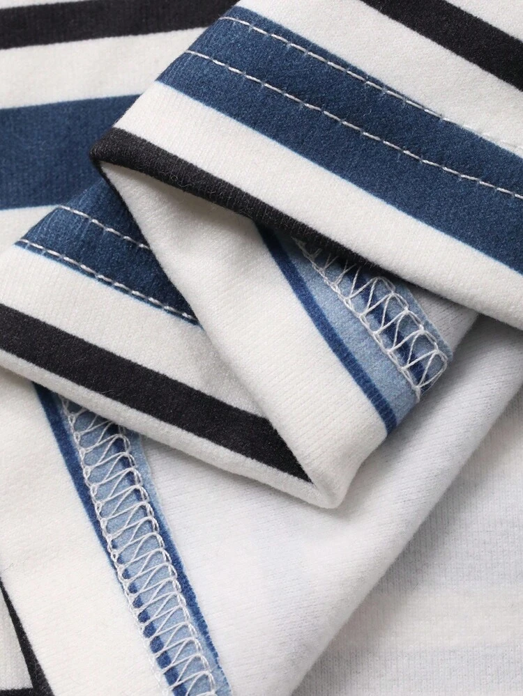 Women's Casual Contrast Color Striped Round Neck Short Sleeve T-Shirt