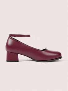 CUCCOO DOLLMOD Sepatu hak tebal ujung bulat polos polos dengan detail lubang di bagian dalam untuk wanita. - Burgundy - View 9