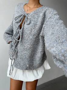 Aloruh Minimalist Casual Solid Color Ribbed Knit Front Tie Raglan Sleeve Cardigan In Fall/Winter - Grey - View 4