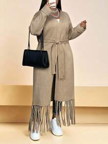 Slaydiva Cardigan de Manga Longa com Amarração na Frente, Franjas e Cor Sólida Minimalista para o Dia a Dia, Plus Size, para Outono/Inverno