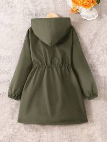 SHEIN 青少年女孩休闲连帽豹纹印花内衬束腰中长款夹克秋冬女童服装 - 軍綠色 - 查看 2