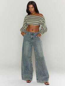 MUSERA 露脐不对称肩宽灯笼袖条纹针织上衣，适合性感外出、夜生活、可爱约会、舒适优雅的假期穿着，春夏皆宜。 - 彩色 - 查看 5