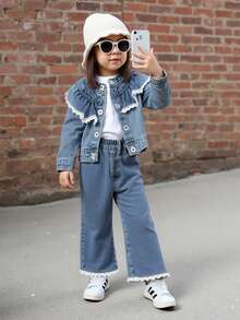 Baby Girls 2 Pieces Denim Set, Cute & Fashionable Light Blue Denim Jacket With Ruffle Collar And Loose Straight Leg Jeans With Floral Hem Fall Winter - Light Wash - View 9