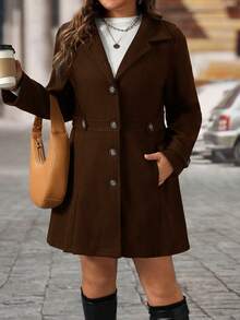 EMERY ROSE Black Lapel Button Decor Waist Cinched Mid-Length Women Overcoat - Coffee Brown - View 5