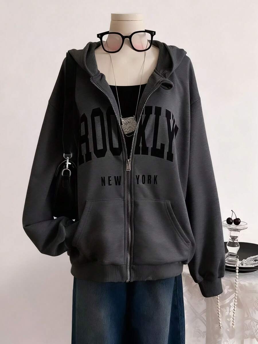 SHEIN 一件装休闲简约字母印花口袋拉链卫衣外套,适合青少年女孩,简约街头风,秋冬季必备单品 - 深灰色 - 查看 1