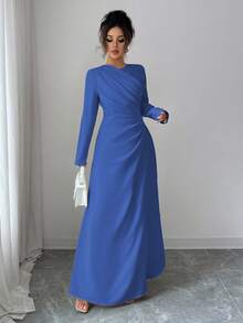 Lyxana Đầm Maxi Tay Dài Cổ Tròn Xếp Ly Eo Cho Nữ, Màu Trơn, Thanh Lịch, Trang Trọng, Công Sở, Đi Làm, Dịp Nghỉ, Tiệc Tùng, Cổ Điển, Phong Cách Trung Đông, Mùa Thu, Màu Vàng Nhạt - Màu xanh lam - Xem 3