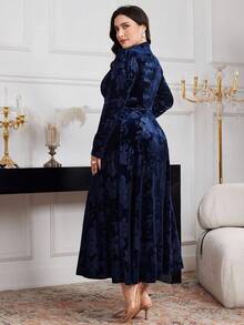 Modelyn Plus Size Women Floral Jacquard V-Neck Puff Sleeve Elegant Dress Long Evening Dresses - Navy Blue - View 3