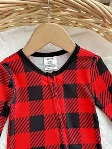 男婴可爱红色格子针织长袖连体衣 - 紅色 - 查看 6