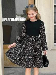 SHEIN Tween Girl LUNE 花卉印花灯笼袖荷叶边下摆连衣裙，法式花卉，仙女裙，田园风 - 黑色 - 查看 4