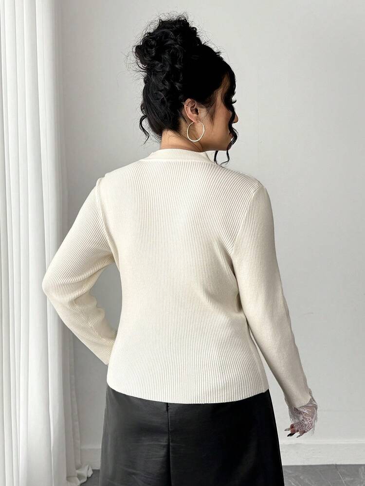 Dazy Plus Plus Size Women Lace Patchwork Hollow Out Turtleneck Slim Fit Elegant Sweater, Autumn/Winter