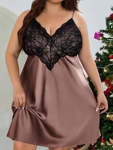 SHEIN CURVE+ Nuisette sexy grande taille pour femmes avec patchwork en dentelle et taille ajourée - Vieux Rose - Voir 8