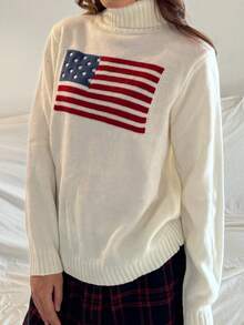 SHEIN Teen Girl American Flag Pattern Turtleneck Sweater Autumn Winter Clothes For Girl - Beige - View 4