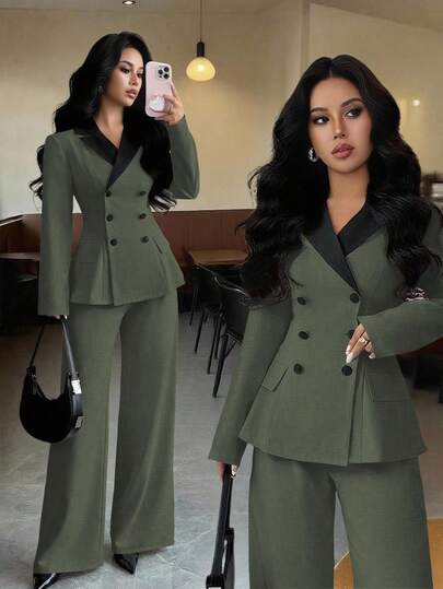 Elenzga بدلة نسائية أنيقة طويلة الأكمام بتباين لون الخصر على شكل حرف A، مناسبة للارتداء اليومي والذهاب إلى العمل وأوقات متعددة، للربيع/الخريف