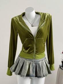 SHEIN Unity 女士牛油果绿色天鹅绒连帽修身夹克 - 綠色 - 查看 1