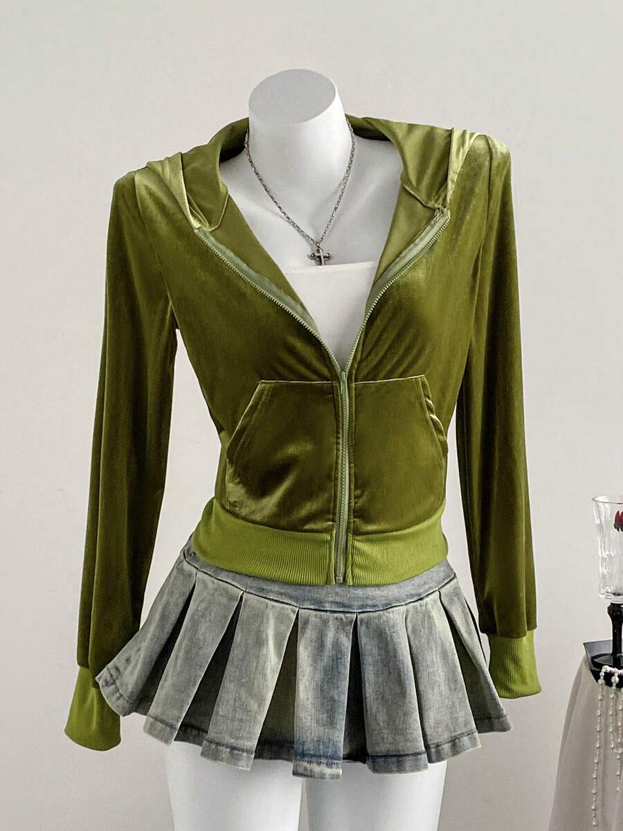 SHEIN Unity 女士牛油果绿色天鹅绒连帽修身夹克 - 綠色 - 查看 1