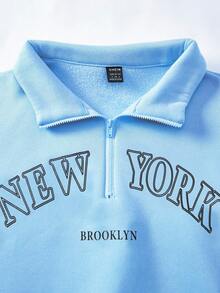 SHEIN 2pcs Women Set, Autumn/Winter New, Light Blue Stand Collar Zip-Up Hoodie, Matching Long Sleeve Sweatpants With Ribbed Cuffs, MEW YORK REOOKLYN Letter Print, Comfortable Casual, Mother-Daughter Matching - Baby Blue - View 8