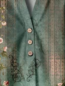 EMERY ROSE 2pcs/Set Women Green Floral Retro Print Cuffed Sleeve Blouse With Pants, Elegant Style, Spring/Autumn, Gift For Mom, Teacher, Fall Autumn And Winter