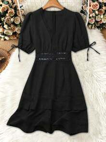 Breezaya 女式纯色蕾丝腰泡泡袖迷你连衣裙，夏季 - 黑色 - 查看 3