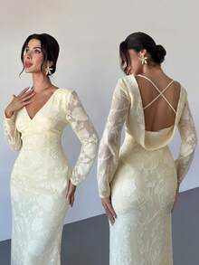 Firerie Váy dài tay họa tiết ôm sát, cổ chữ V hở lưng, buộc chéo, thanh lịch, lãng mạn và gợi cảm dành cho nữ, thích hợp cho các buổi hẹn hò, tiệc tùng, dạ hội, hàng mới về, màu vàng - Màu vàng - Xem 11