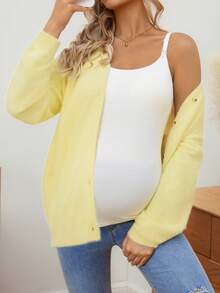 SHEIN Women Loose Fit Solid Color Button Front Short Knit Cardigan, Suitable For Pregnant Women, Autumn/Winter - Yellow - View 4