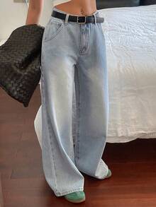 Livesso 休闲洗水宽松阔腿牛仔裤 - 藍色 - 查看 6