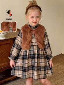 LMoss Kids LMoss 2pcs/Set Young Girl Knit Fuzzy Vest & Plaid Casual Dress,Christmas Autumn Winter Clothes,White Sequence,Princess,7th Birthday,Back-To-School - Multicolor - View 1