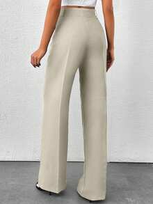 SHEIN Tall 高腰女式纯色阔腿裤 - 米色 - 查看 2