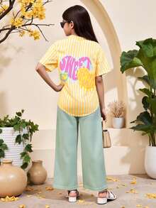 Kemeja Bergaris untuk Anak Perempuan + Motif Grafiti Hati, Desain Serbaguna + Blus Kasual Gaya Jalanan Keren, Musim Panas - Kuning - View 4
