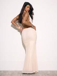 MUSERA Peach Pink Summer Chic Party Night Extreme Plunge Cowl Halterneck Mesh Drape Front Sleeveless Maxi Long Dress Elegant Bridal Hen Do Wedding - Khaki - View 4