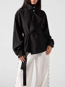 LYSMO Women's Black Striped Turtleneck Dropped Shoulder Long Sleeve Fashionable Versatile Trench Coat, Autumn,Winter Clothes For Women - Black - View 4