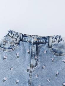 女童休闲做旧刺绣直筒牛仔裤 - 淺色水洗藍 - 查看 6