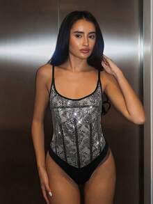Glamine 女士时尚日常性感派对紧身衣 - 黑色 - 查看 5