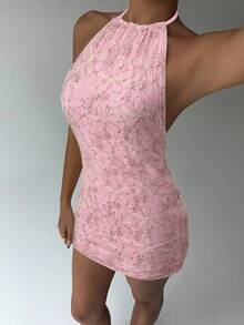 Aloruh 女士性感露背刺绣雪纺迷你连衣裙，A字廓形，适合度假穿着 - 淺粉色 - 查看 4