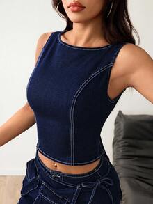 SHEIN PETITE Women's Fashionable Sexy Backless Sleeveless Denim Top - Dark Wash - View 2