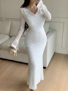 Feyla Elegant Commuter Solid Color Jacquard Flared Collar Flare Sleeve Dress - White - View 3