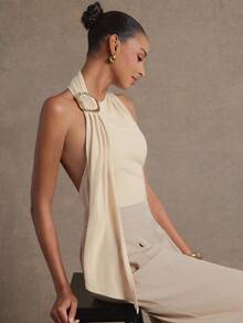 L'Amorae Women's Y2K Metal Decor Ribbon Design Fitted Fashionable Halter Top - Khaki - View 1