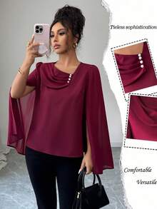 Elenzga Áo cánh tay dài ôm sát, đính nút ngọc trai trắng, màu đỏ tía thanh lịch dành cho nữ, mùa xuân/thu - Màu Đỏ Sâu - Xem 1