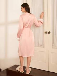 Moireta Elegant French Palace Style Pink Patchwork Fringed Women's Robe Night Gown Women Set Home Wear Women Pink Silk Pajamas Set Pajamas Gown For Woman Sleep Wear Women Silk Sleepwear Women Silk Pajamas Gown For Women Winter And Fall Vintage