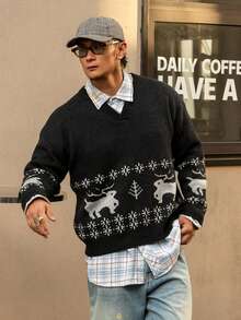 DAZY Men's Reindeer & Christmas Pattern Jacquard Design Sweater, Christmas Style, Autumn/Winter