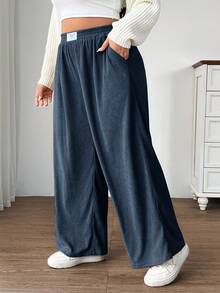 SHEIN EZwear Quần ống rộng cạp cao dáng rộng cỡ lớn dành cho nữ, chất liệu vải nỉ có túi và miếng vá, phù hợp mặc ở trường học, mặc hàng ngày, làm việc trong nhà, màu xanh nhạt, thu/đông - Màu xanh bụi bặm - Xem 4